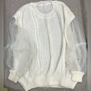Elegant White Sweater with Sheer Sleeves